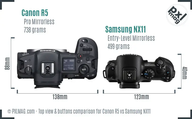 Canon R5 vs Samsung NX11 top view buttons comparison Canon R5 vs Samsung NX11 top view buttons comparison