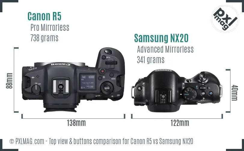 Canon R5 vs Samsung NX20 top view buttons comparison