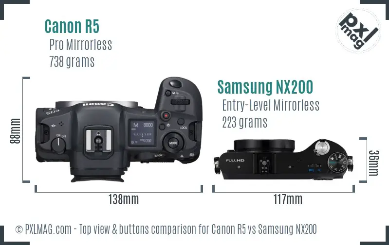 Canon R5 vs Samsung NX200 top view buttons comparison