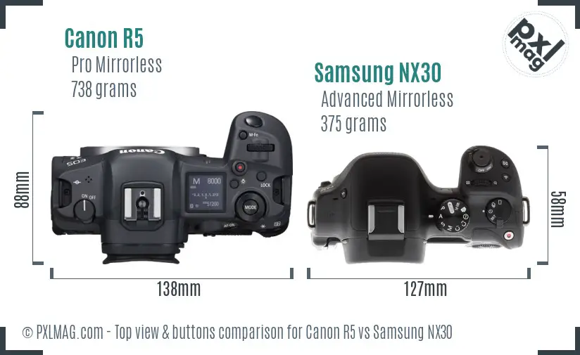 Canon R5 vs Samsung NX30 top view buttons comparison