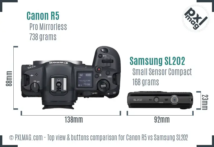 Canon R5 vs Samsung SL202 top view buttons comparison
