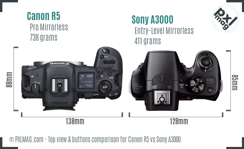 Canon R5 vs Sony A3000 top view buttons comparison