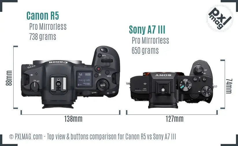 Canon R5 vs Sony A7 III top view buttons comparison