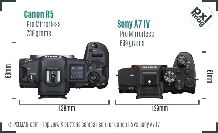 Canon R5 vs Sony A7 IV top view buttons comparison