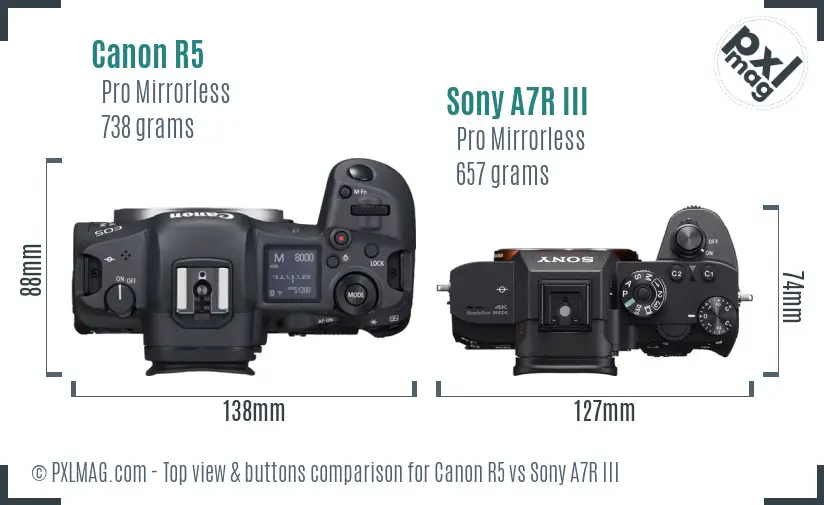 Canon R5 vs Sony A7R III top view buttons comparison