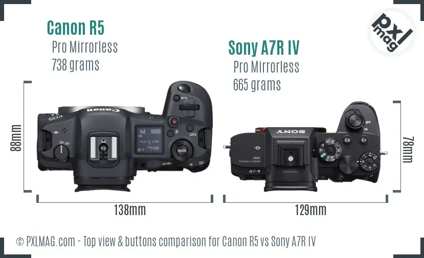 Canon R5 vs Sony A7R IV top view buttons comparison