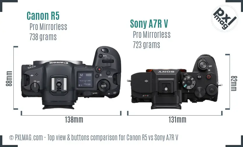 Canon R5 vs Sony A7R V top view buttons comparison