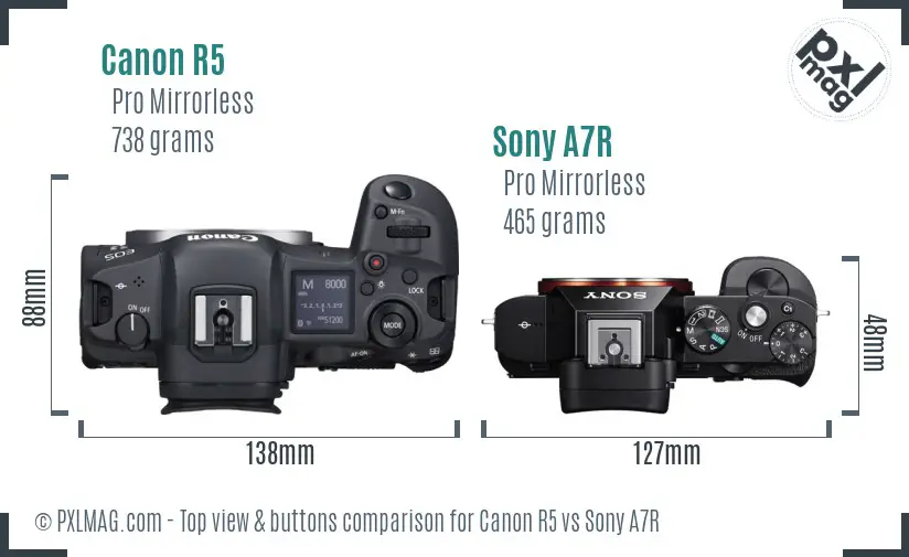 Canon R5 vs Sony A7R top view buttons comparison