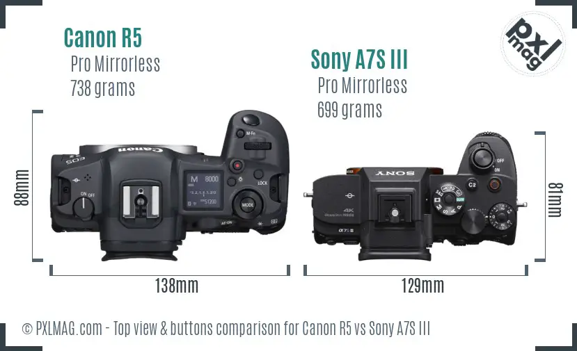 Canon R5 vs Sony A7S III top view buttons comparison