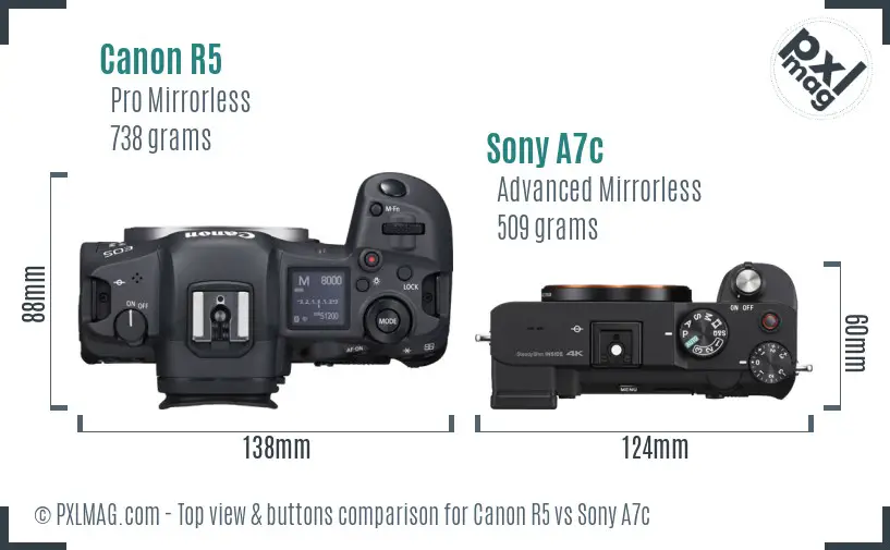 Canon R5 vs Sony A7c top view buttons comparison