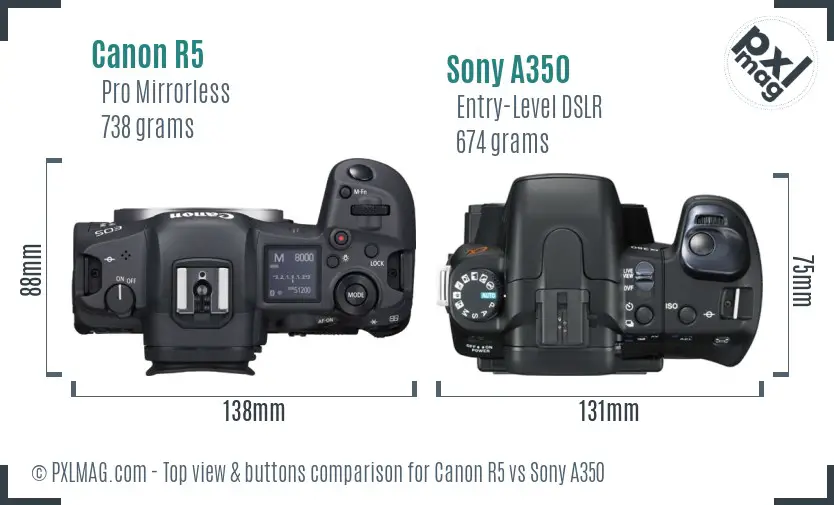 Canon R5 vs Sony A350 top view buttons comparison