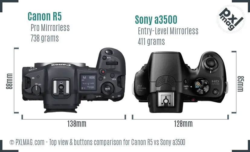 Canon R5 vs Sony a3500 top view buttons comparison