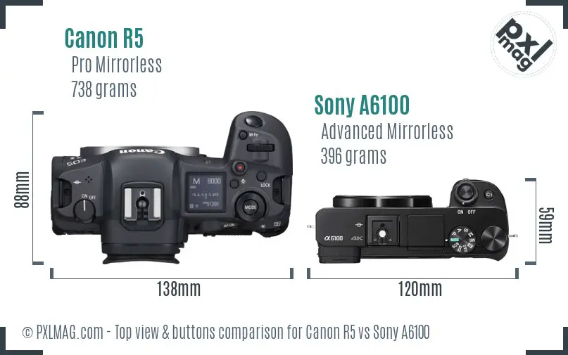 Canon R5 vs Sony A6100 top view buttons comparison