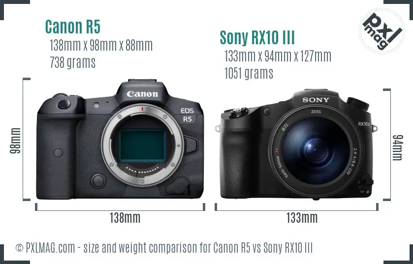 Canon R5 vs Sony RX10 III size comparison