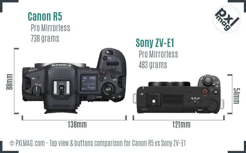 Canon R5 vs Sony ZV-E1 top view buttons comparison