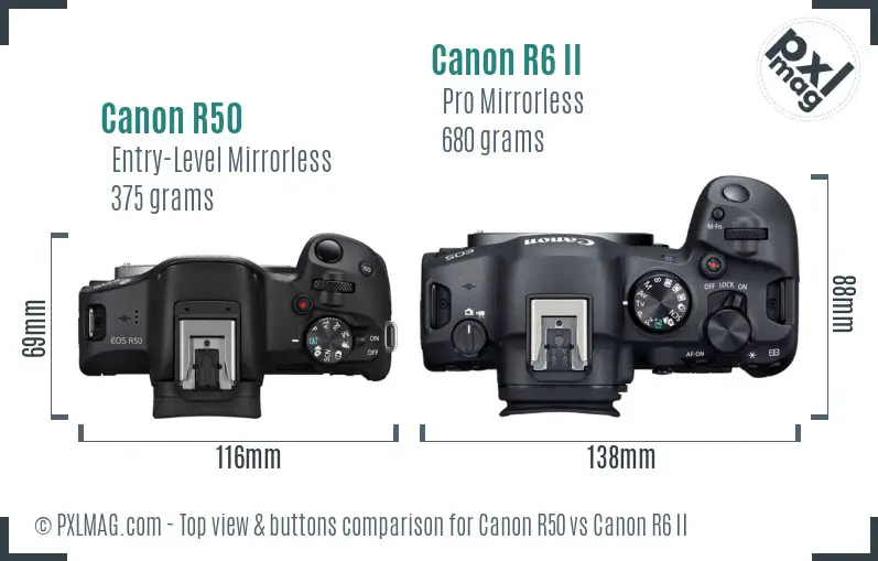 Canon R50 vs Canon R6 II top view buttons comparison