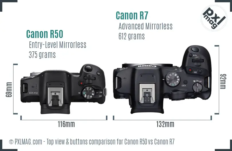 Canon R50 vs Canon R7 top view buttons comparison