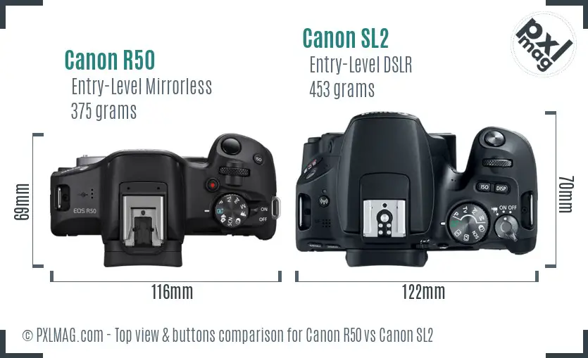 Canon R50 vs Canon SL2 top view buttons comparison