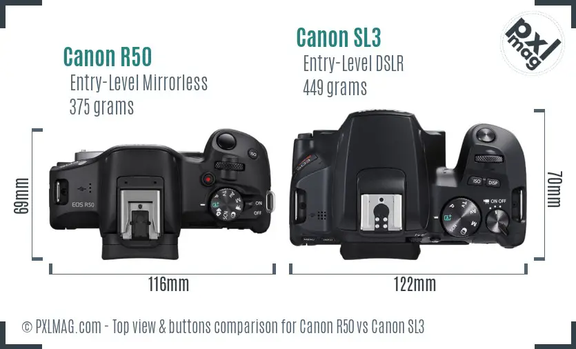 Canon R50 vs Canon SL3 top view buttons comparison Canon R50 vs Canon SL3 top view buttons comparison