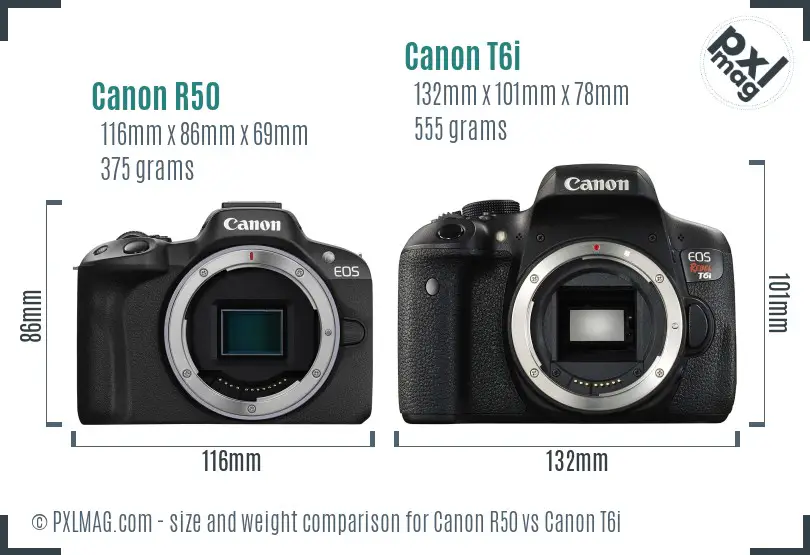 Canon R50 vs Canon T6i size comparison Canon R50 vs Canon T6i size comparison