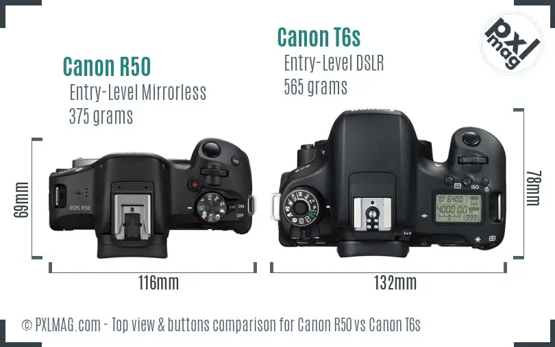 Canon R50 vs Canon T6s top view buttons comparison Canon R50 vs Canon T6s top view buttons comparison
