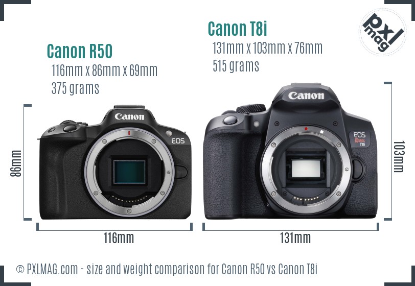 Canon R50 vs Canon T8i size comparison
