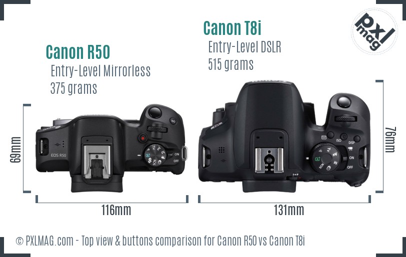 Canon R50 vs Canon T8i top view buttons comparison