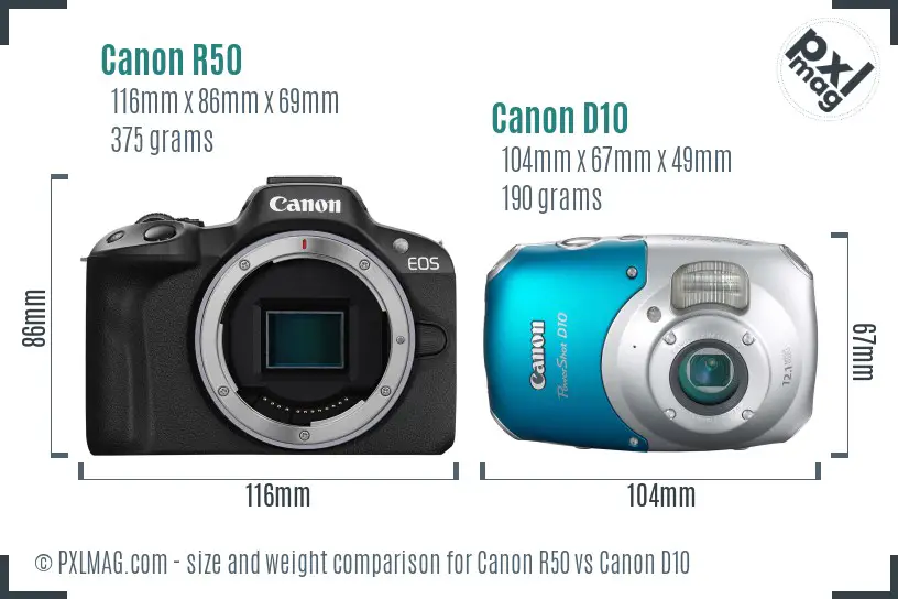 Canon R50 vs Canon D10 size comparison Canon R50 vs Canon D10 size comparison