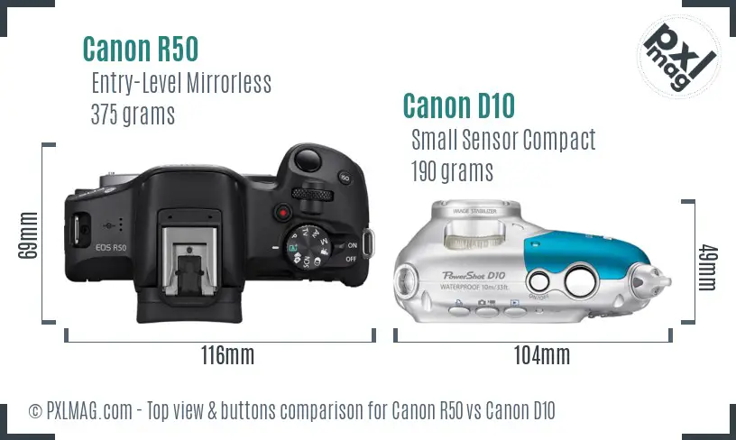 Canon R50 vs Canon D10 top view buttons comparison Canon R50 vs Canon D10 top view buttons comparison