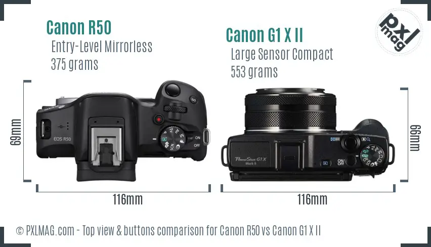 Canon R50 vs Canon G1 X II top view buttons comparison Canon R50 vs Canon G1 X II top view buttons comparison