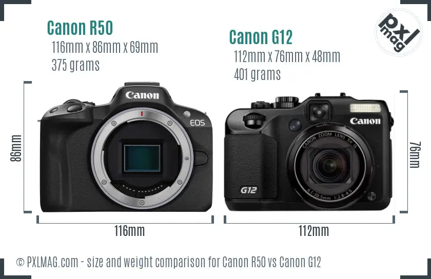 Canon R50 vs Canon G12 size comparison
