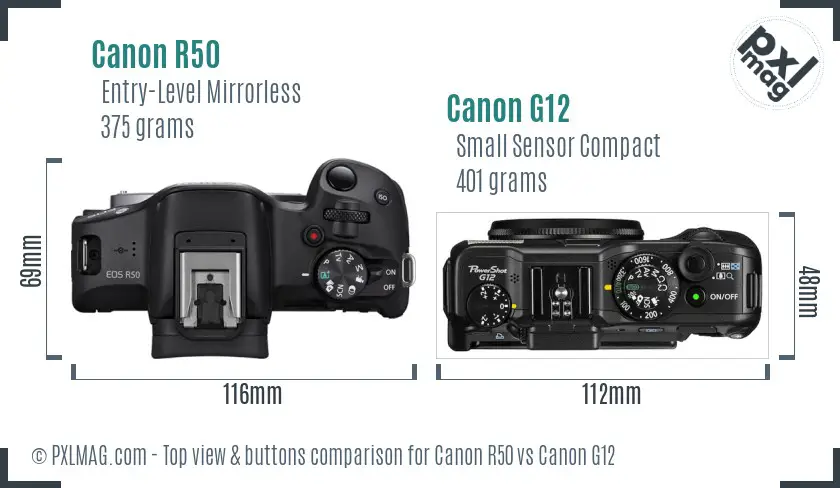 Canon R50 vs Canon G12 top view buttons comparison
