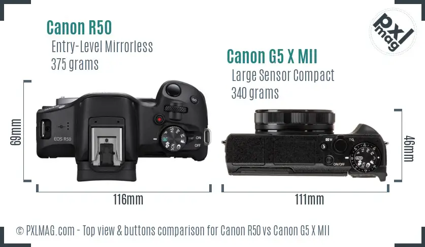Canon R50 vs Canon G5 X MII top view buttons comparison Canon R50 vs Canon G5 X MII top view buttons comparison