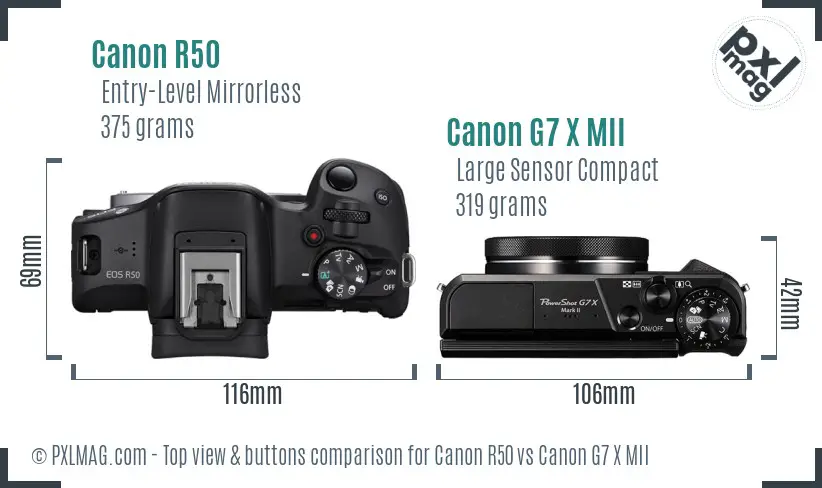 Canon R50 vs Canon G7 X MII top view buttons comparison Canon R50 vs Canon G7 X MII top view buttons comparison