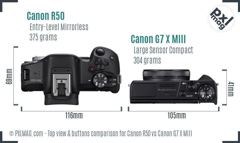 Canon R50 vs Canon G7 X MIII top view buttons comparison Canon R50 vs Canon G7 X MIII top view buttons comparison