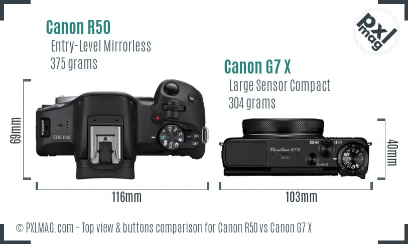 Canon R50 vs Canon G7 X top view buttons comparison