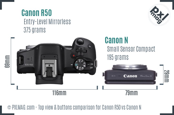 Canon R50 vs Canon N top view buttons comparison