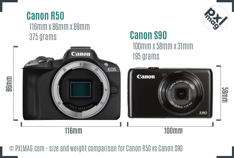 Canon R50 vs Canon S90 size comparison