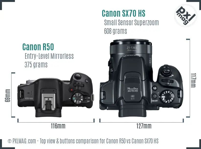 Canon R50 vs Canon SX70 HS top view buttons comparison Canon R50 vs Canon SX70 HS top view buttons comparison