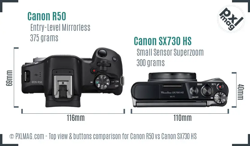 Canon R50 vs Canon SX730 HS top view buttons comparison