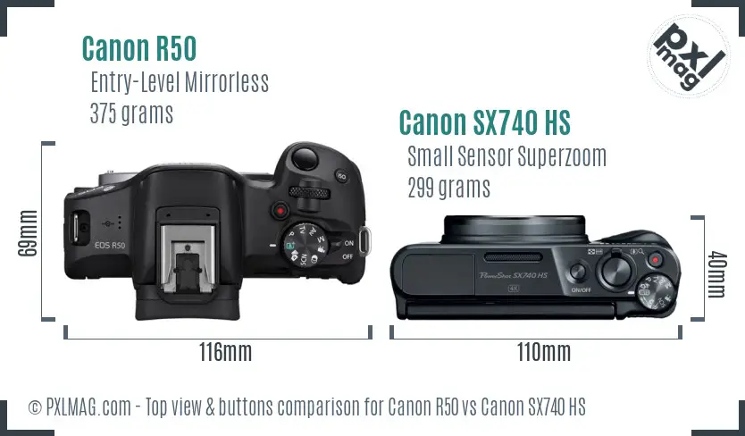 Canon R50 vs Canon SX740 HS top view buttons comparison Canon R50 vs Canon SX740 HS top view buttons comparison