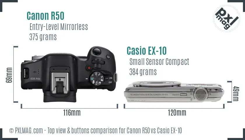 Canon R50 vs Casio EX-10 top view buttons comparison Canon R50 vs Casio EX-10 top view buttons comparison
