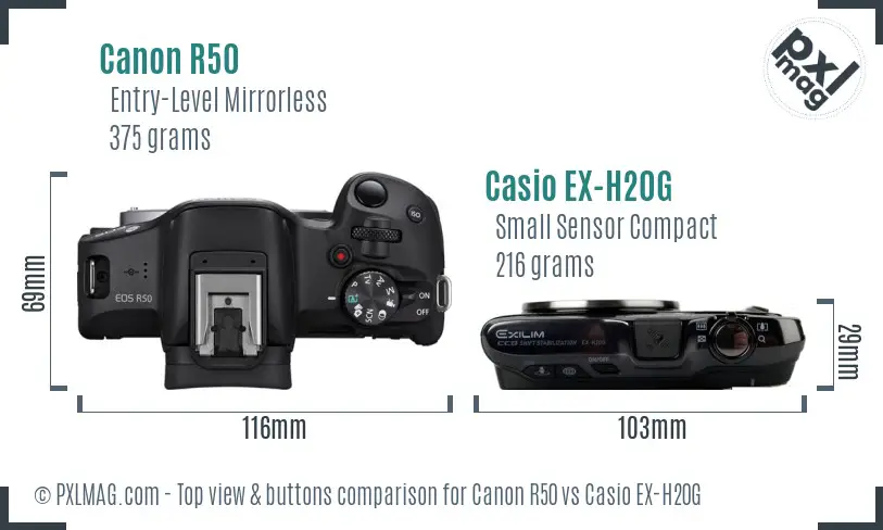 Canon R50 vs Casio EX-H20G top view buttons comparison Canon R50 vs Casio EX-H20G top view buttons comparison