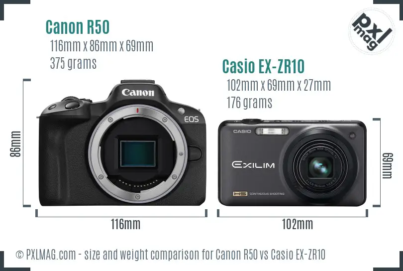 Canon R50 vs Casio EX-ZR10 size comparison