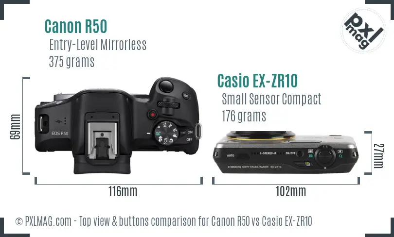 Canon R50 vs Casio EX-ZR10 top view buttons comparison