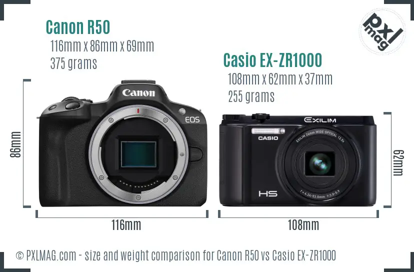 Canon R50 vs Casio EX-ZR1000 size comparison Canon R50 vs Casio EX-ZR1000 size comparison