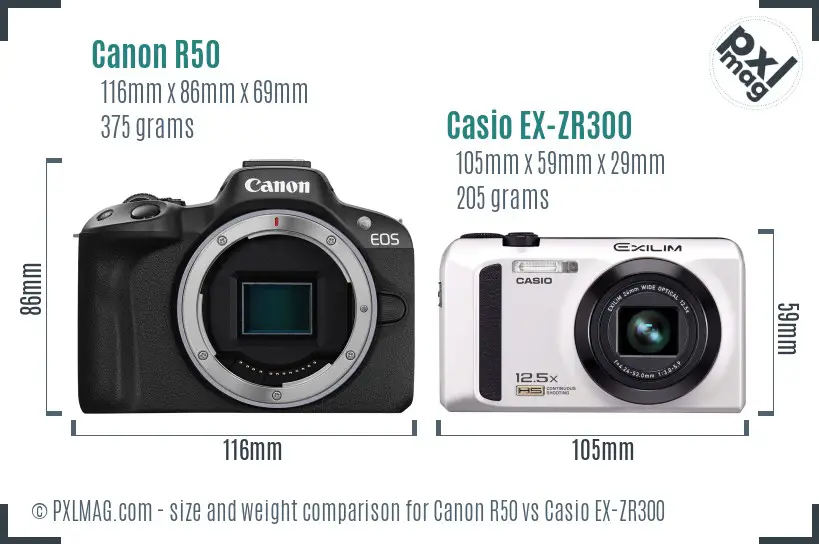 Canon R50 vs Casio EX-ZR300 size comparison Canon R50 vs Casio EX-ZR300 size comparison