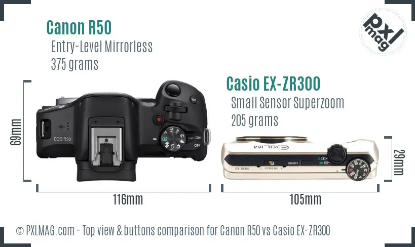 Canon R50 vs Casio EX-ZR300 top view buttons comparison Canon R50 vs Casio EX-ZR300 top view buttons comparison