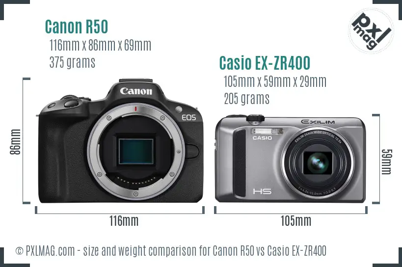 Canon R50 vs Casio EX-ZR400 size comparison Canon R50 vs Casio EX-ZR400 size comparison