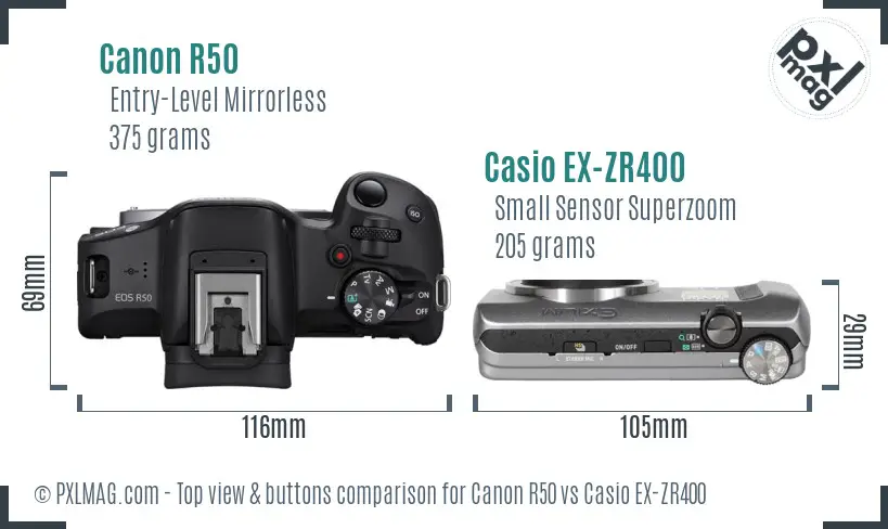 Canon R50 vs Casio EX-ZR400 top view buttons comparison Canon R50 vs Casio EX-ZR400 top view buttons comparison